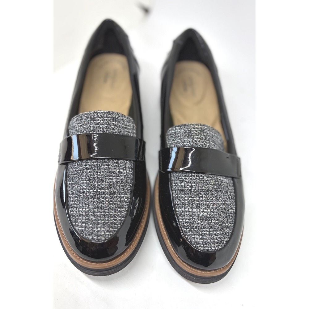 Clarks Sharon Dolly Loafer Women 8.5 Black Excellent Patent Tweed Wedge Platform